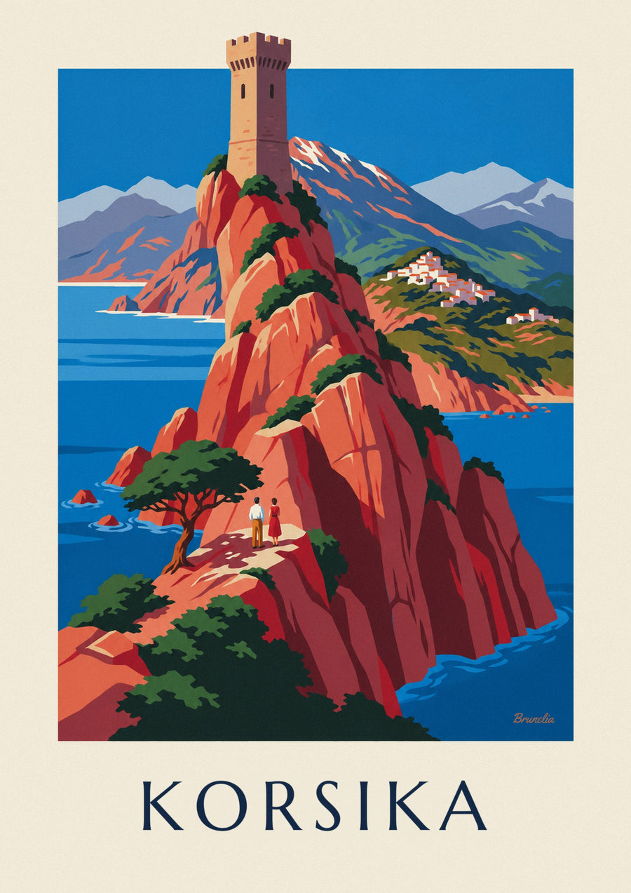 Plakat med Korsikas vilde kyst, røde klipper og Monte Cinto