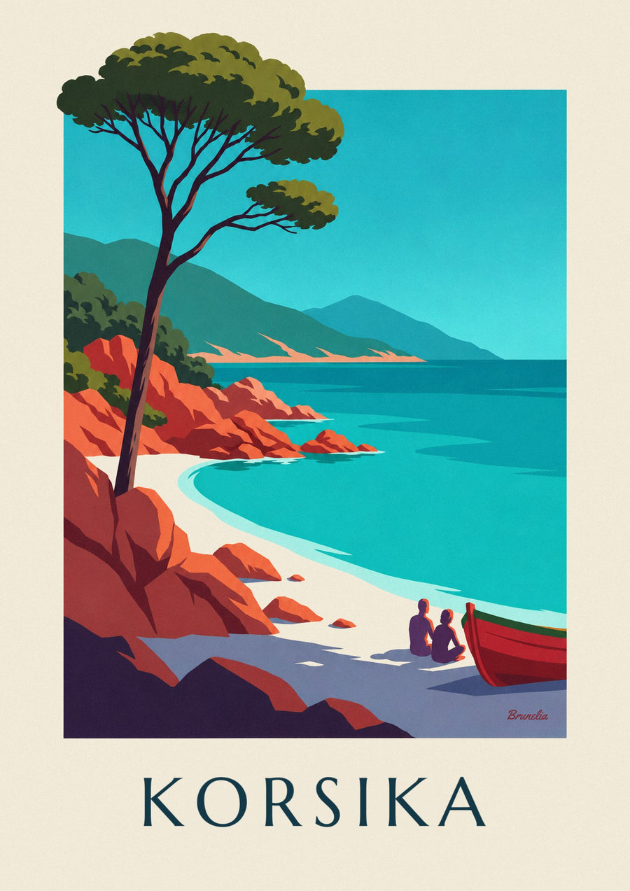 Plakat med bugt på Korsika, røde granitklipper og pinje