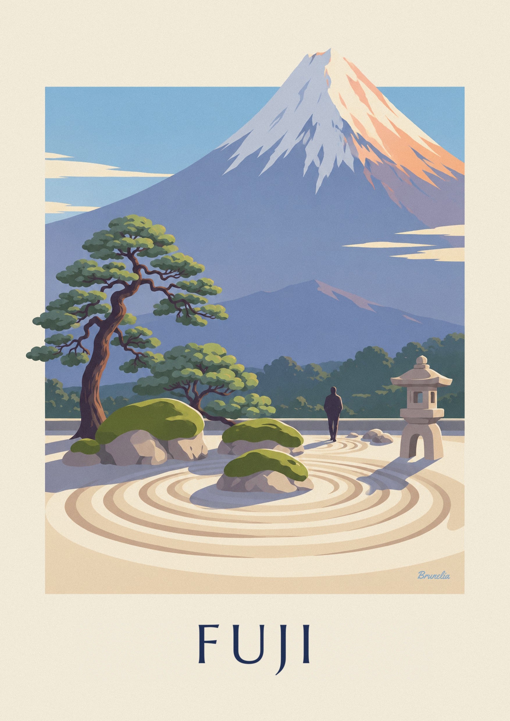 Plakat med japansk zenhave foran Fuji-bjerget: nærbillede af detalje