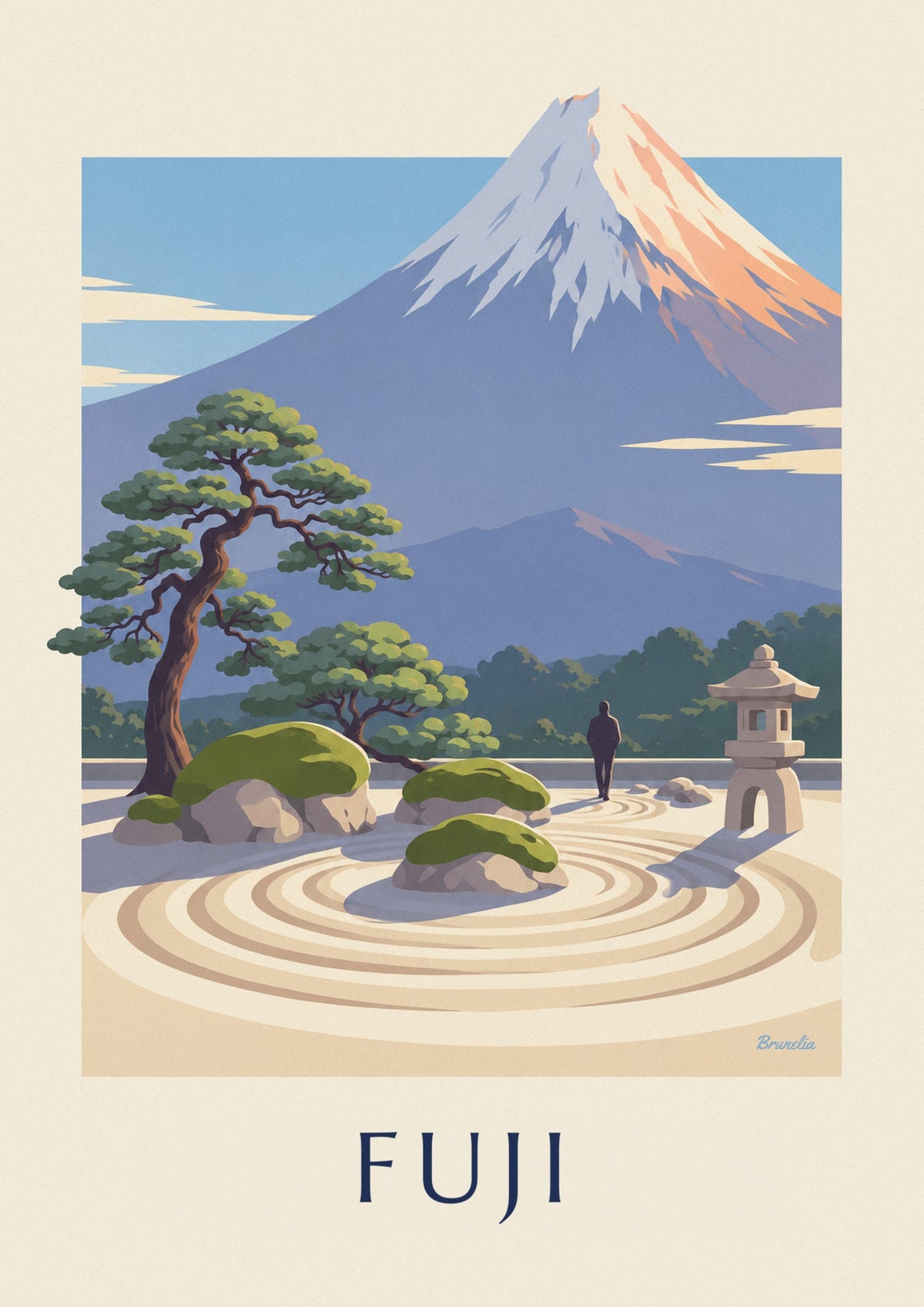 Plakat med japansk zenhave foran Fuji-bjerget