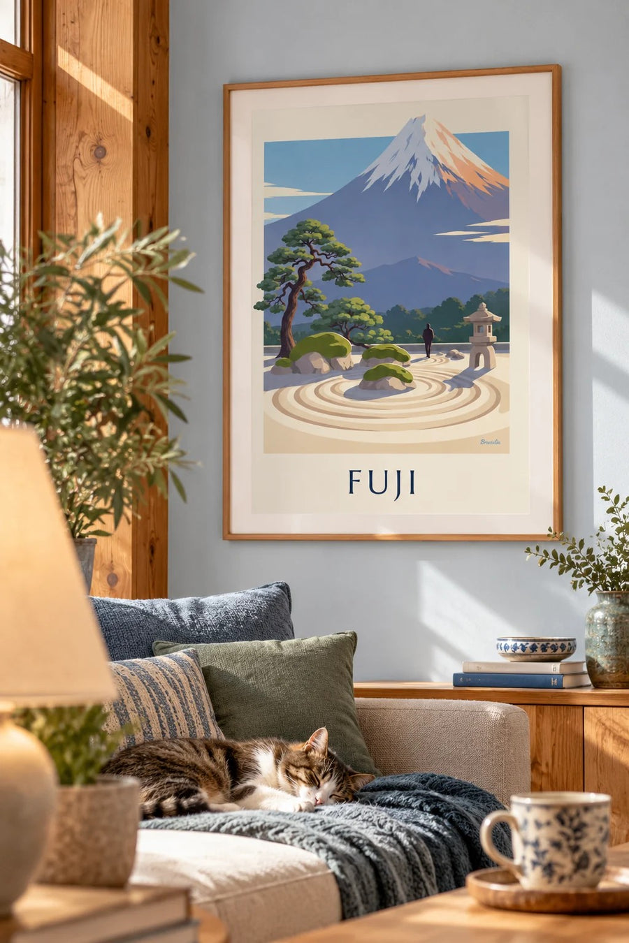 Plakat med japansk zenhave foran Fuji-bjerget: indrammet på væggen