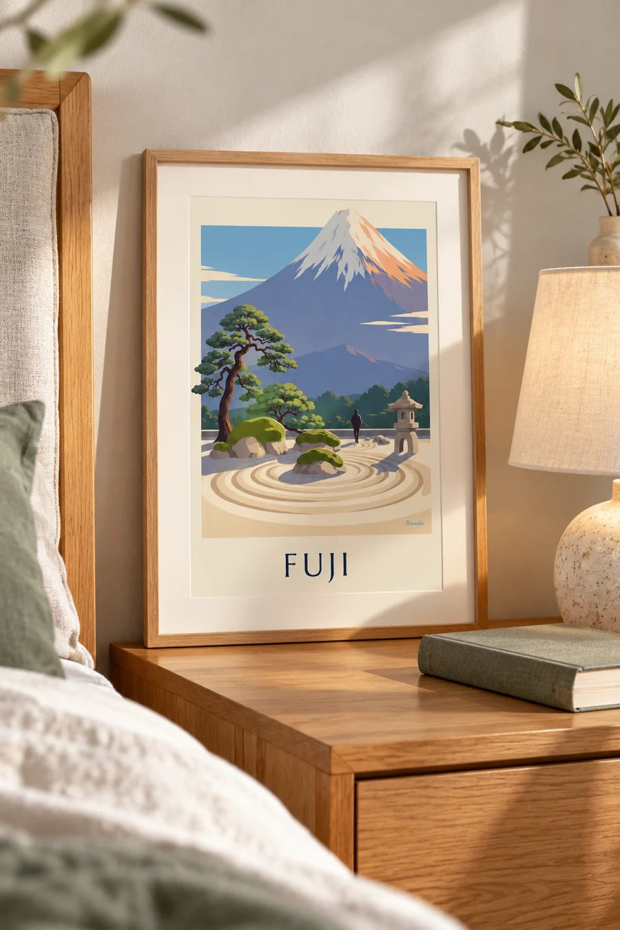Plakat med japansk zenhave foran Fuji-bjerget: lille A4-plakat i ramme