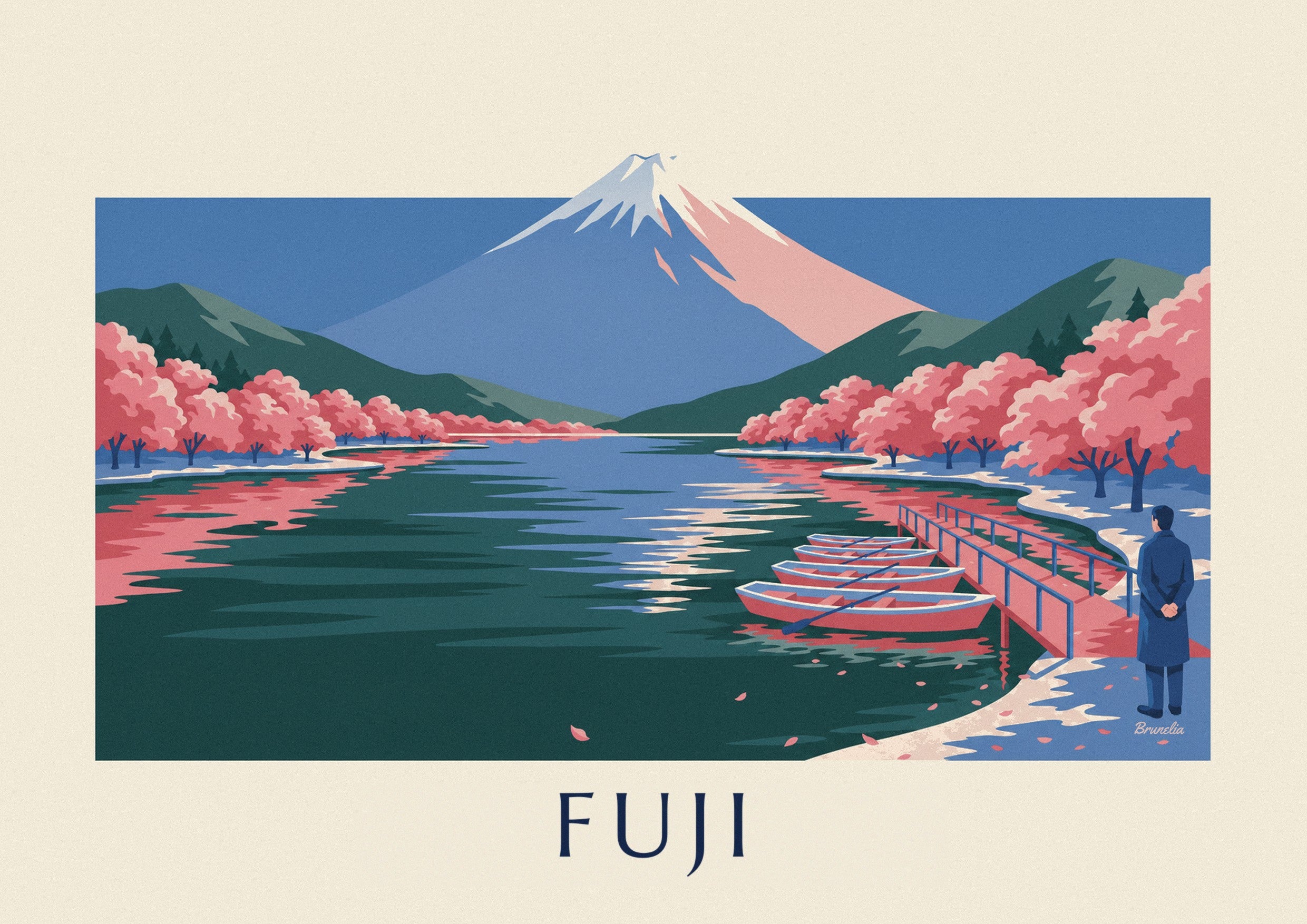 Plakat med Fuji-bjerget, kirsebærblomster og både ved anløbsbroen: nærbillede af detalje