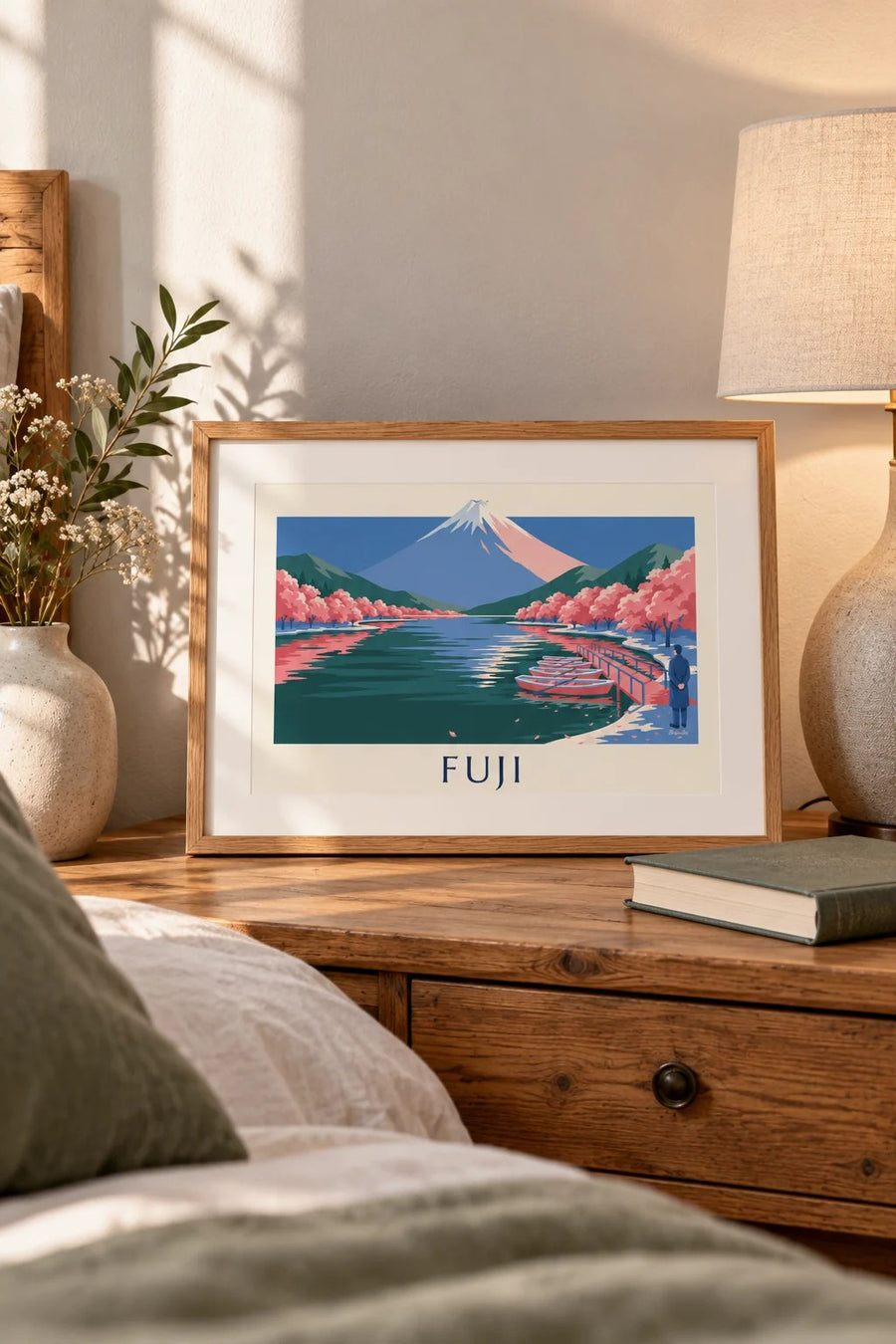 Plakat med Fuji-bjerget, kirsebærblomster og både ved anløbsbroen: lille A4-format med ramme