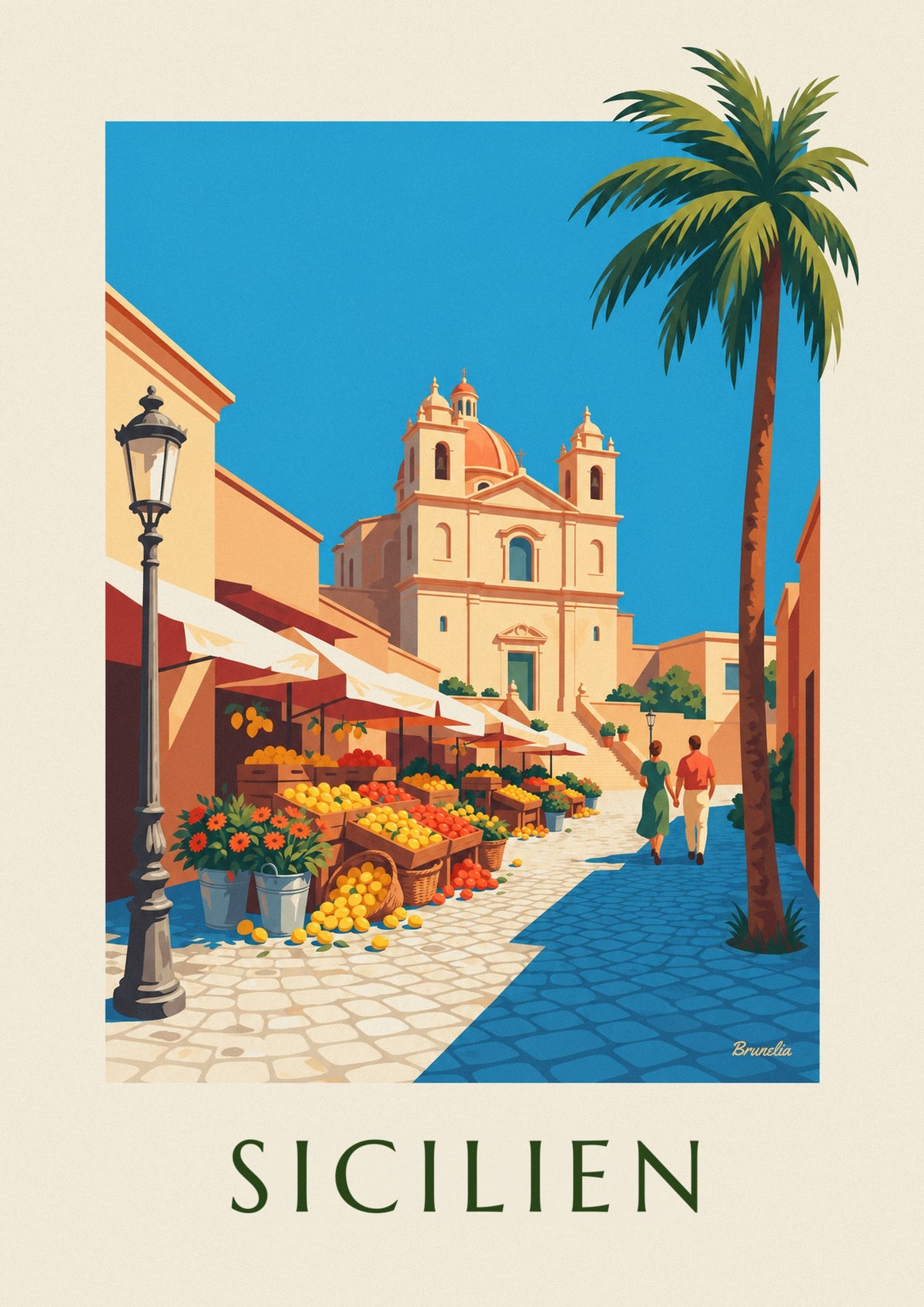 Plakat med siciliansk marked med citroner, appelsiner og blomster