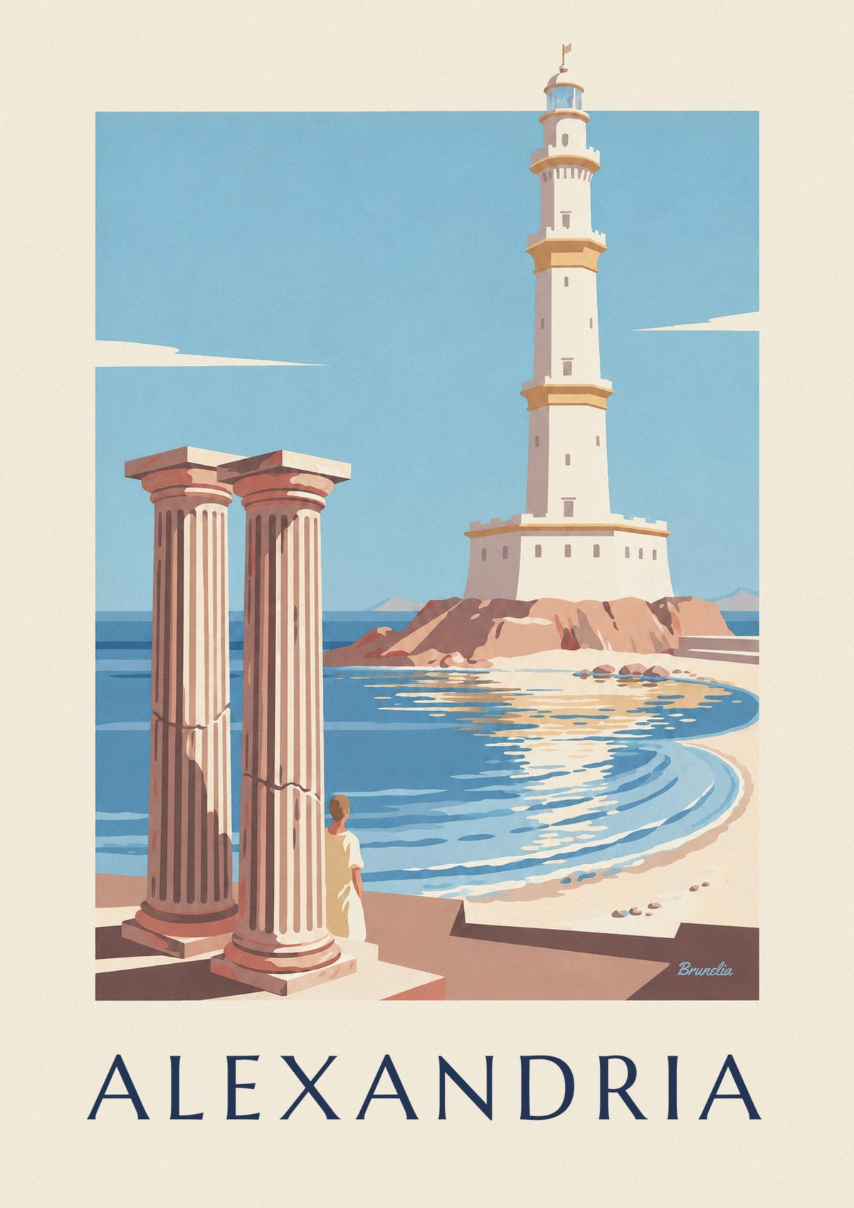 Plakat med det antikke fyrtårn og søjlerne i Alexandria i Egypten