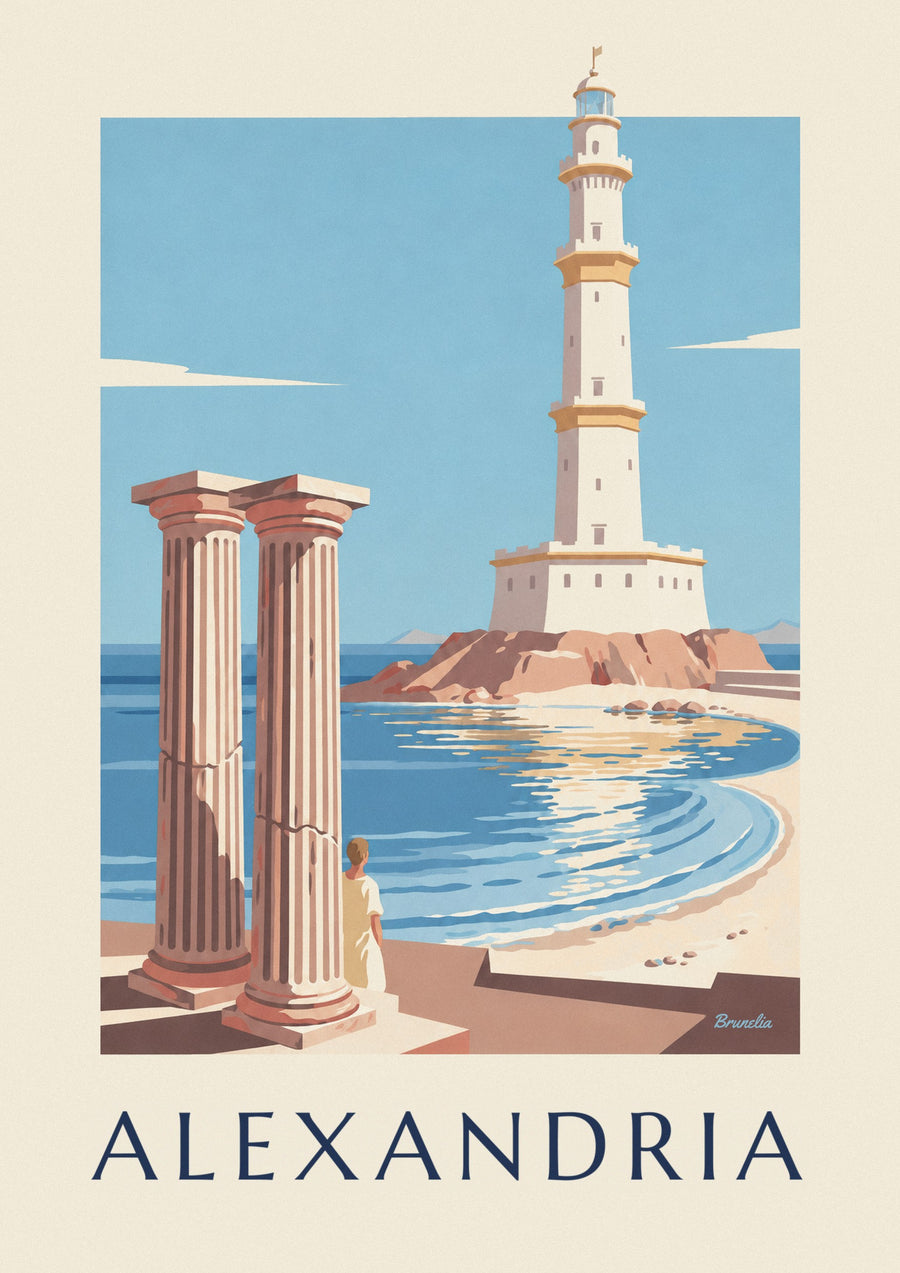 Plakat med det antikke fyrtårn og søjlerne i Alexandria i Egypten