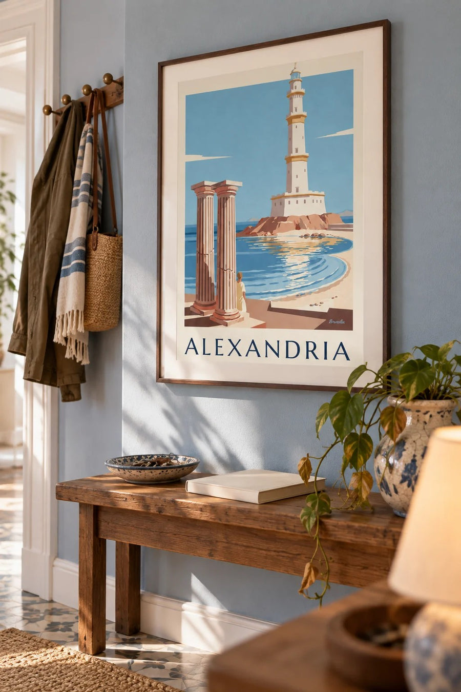 Plakat med det antikke fyrtårn og søjlerne i Alexandria i Egypten: indrammet på væggen
