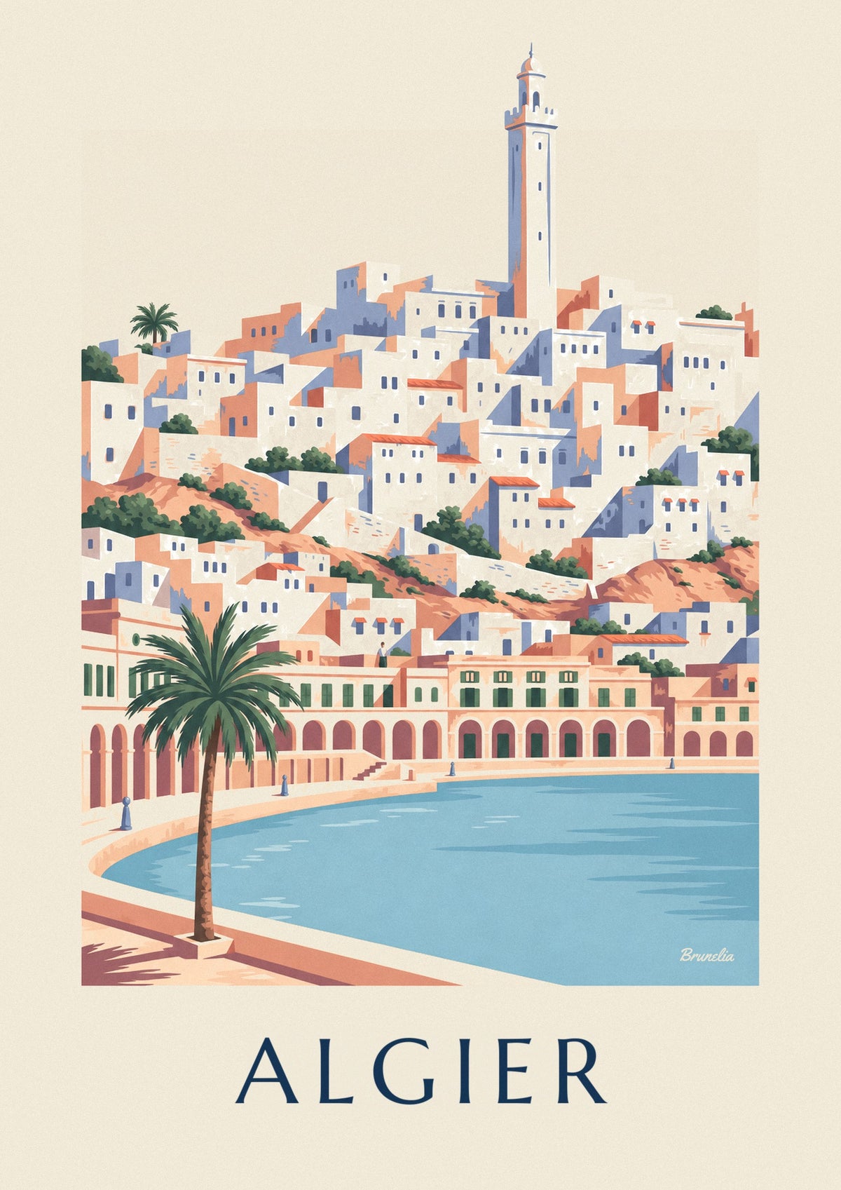 Plakat med Algiers hvide casbah og havnefront med buegange