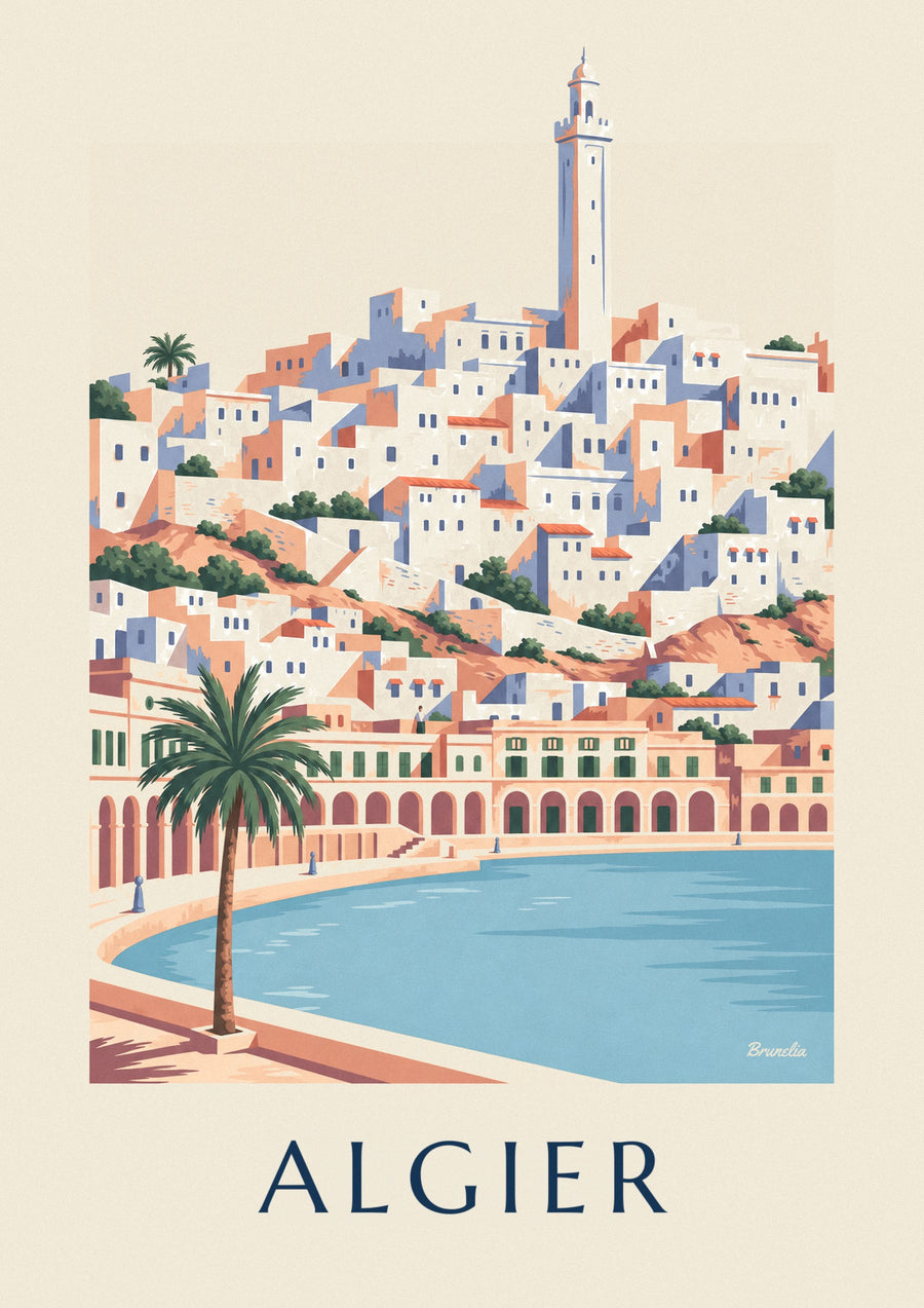 Plakat med Algiers hvide casbah og havnefront med buegange
