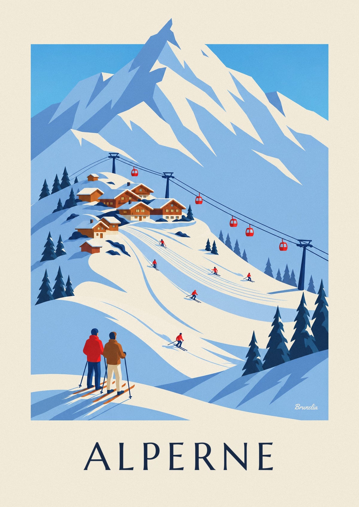 Plakat af skisportssted i de franske Alper med gondolbane