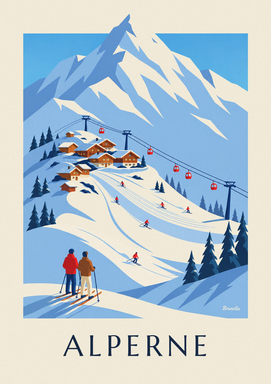 Plakat af skisportssted i de franske Alper med gondolbane