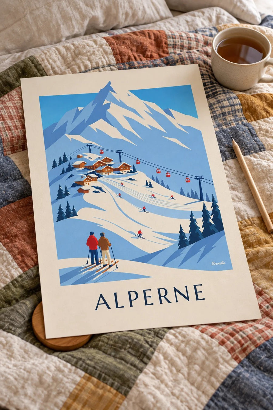 Plakat af skisportssted i de franske Alper med gondolbane: stående på et bord
