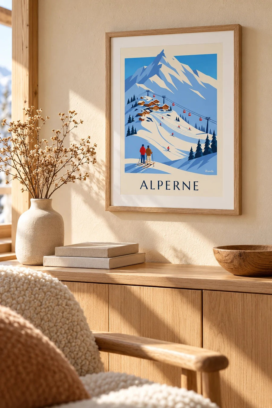 Plakat af skisportssted i de franske Alper med gondolbane: lille A4-plakat i ramme