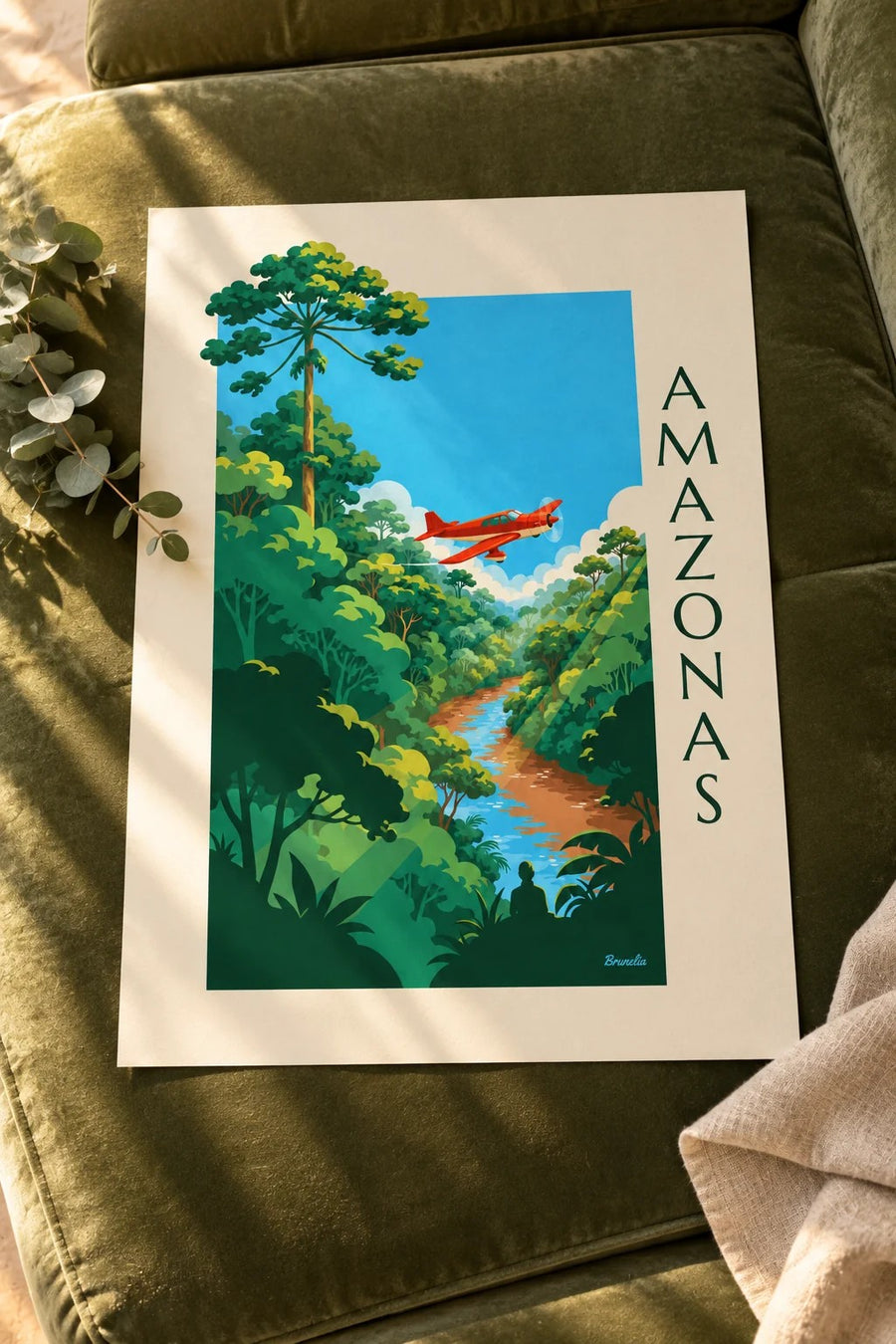 Plakat med propelfly over Amazonas-regnskoven: stående på et bord