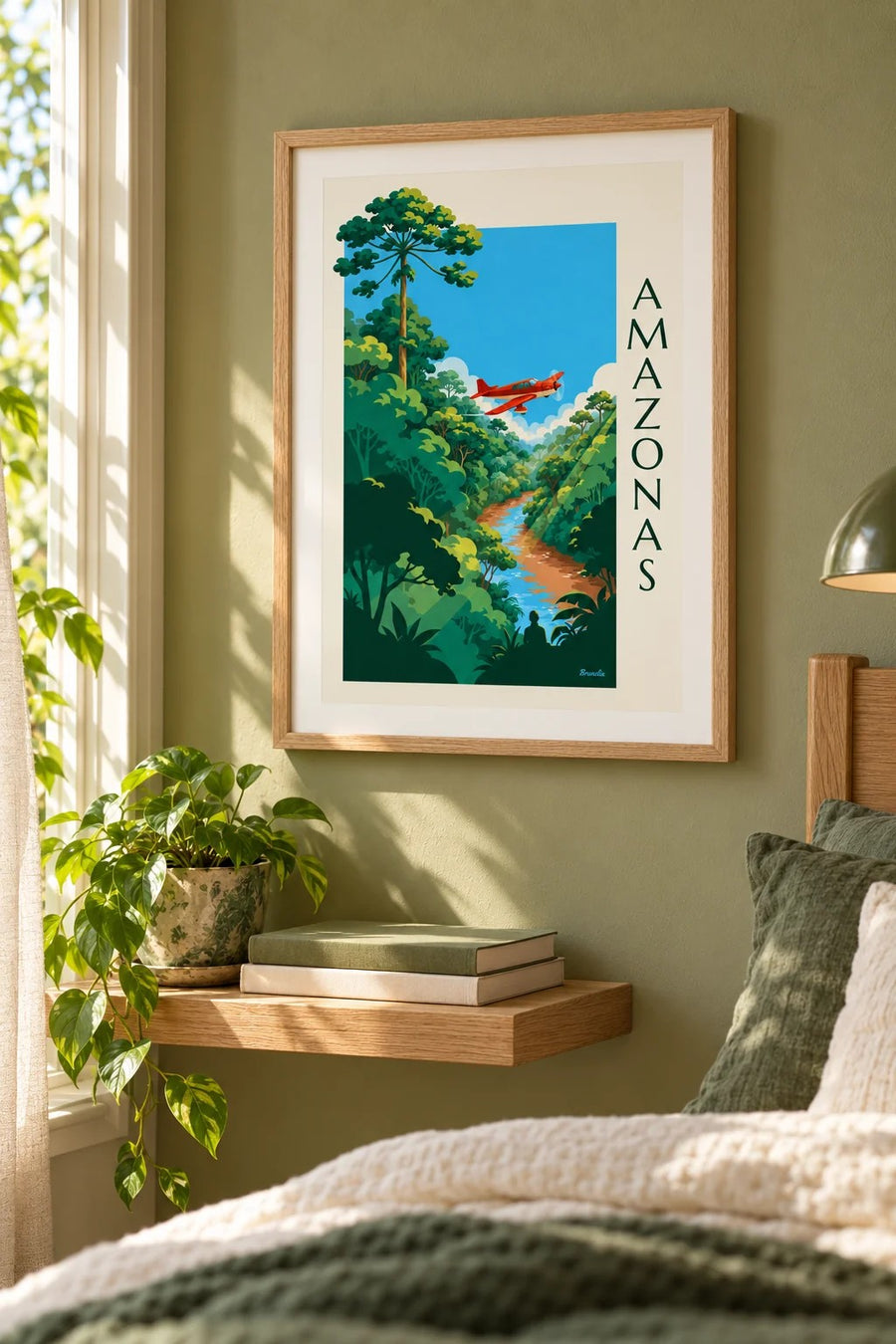 Plakat med propelfly over Amazonas-regnskoven: lille A4-format i ramme
