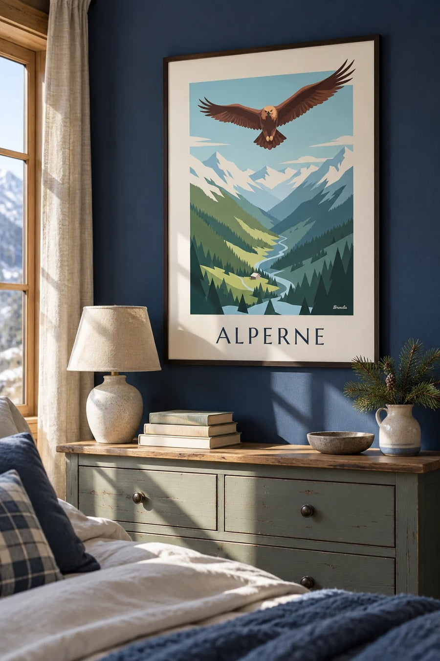 Plakat med kongeørn over en dal i Alperne: indrammet på væggen
