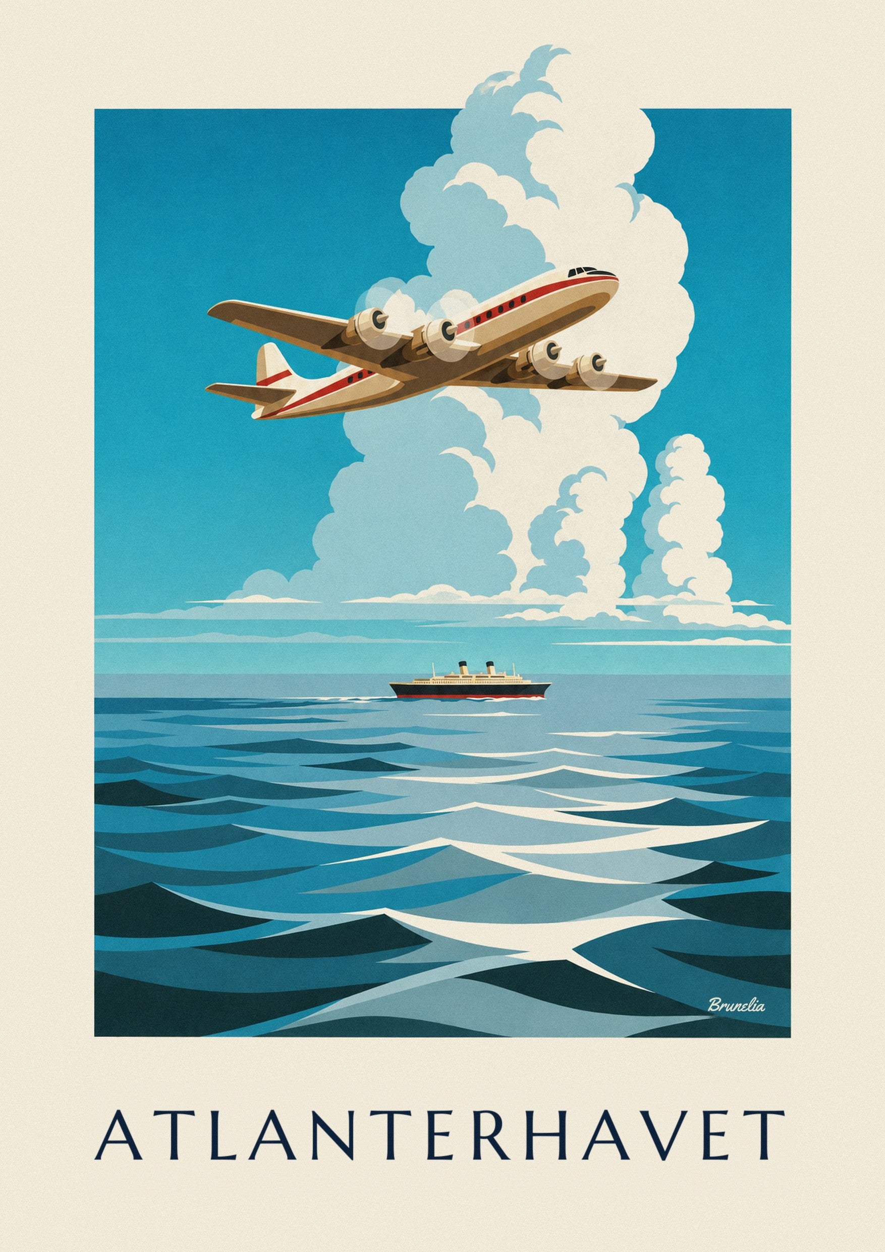 Plakat med firemotoret fly over Atlanterhavet: nærbillede af detalje
