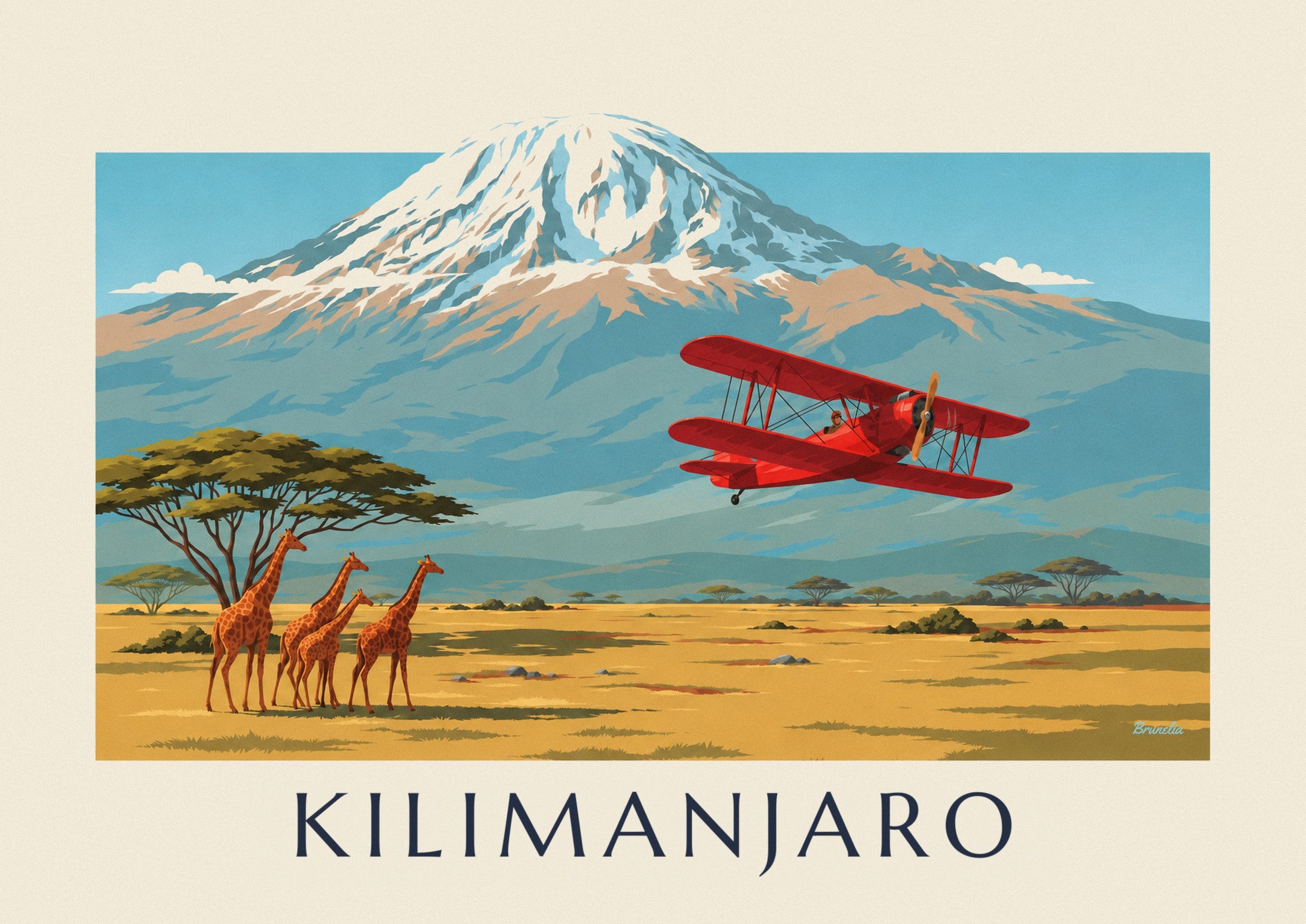 Plakat med biplan over savannen og Kilimanjaro: nærbillede af detalje