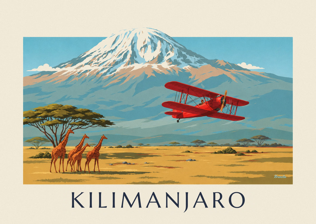 Plakat med biplan over savannen og Kilimanjaro