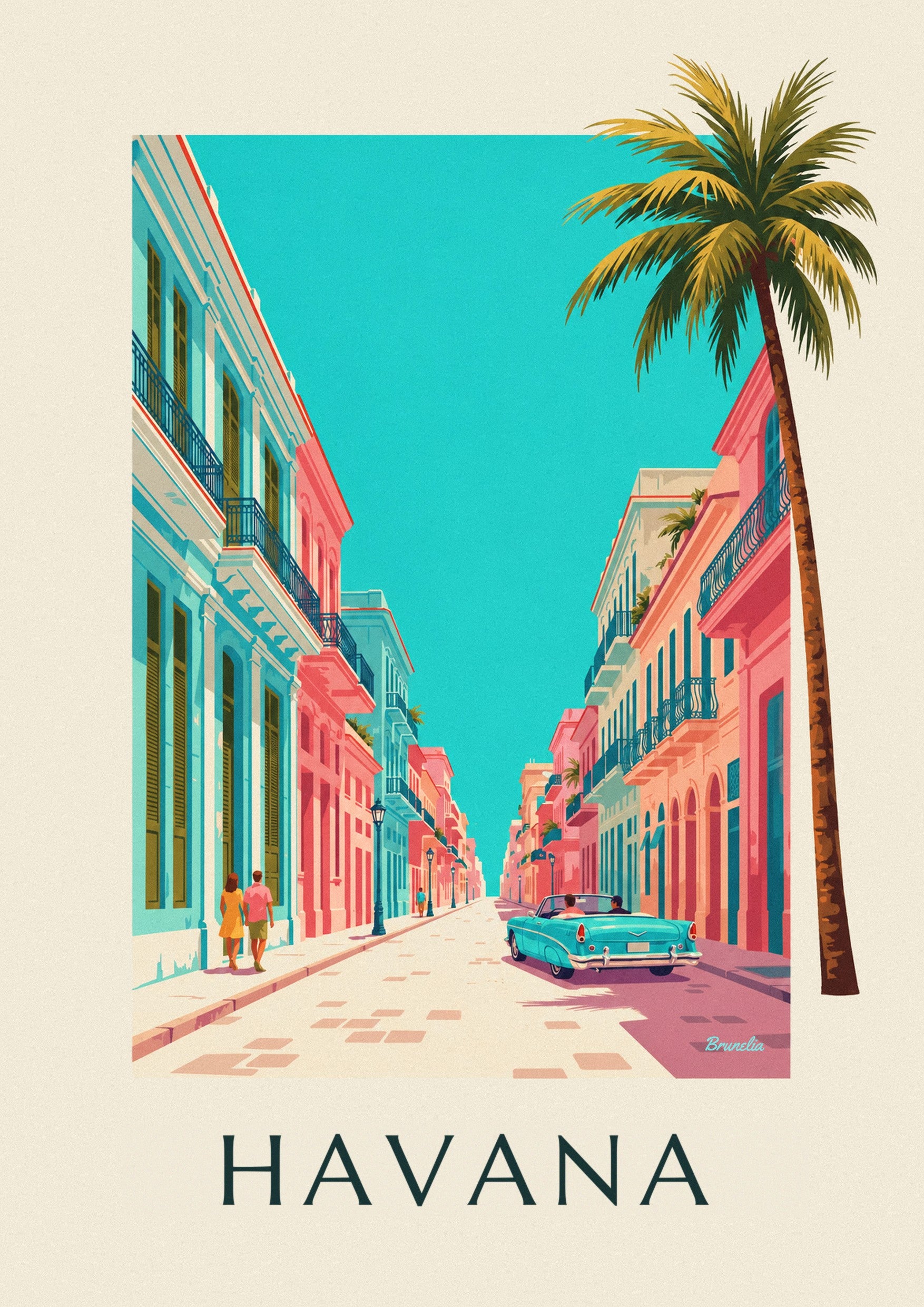 Plakat med turkis amerikansk cabriolet i Havana: nærbillede af detalje