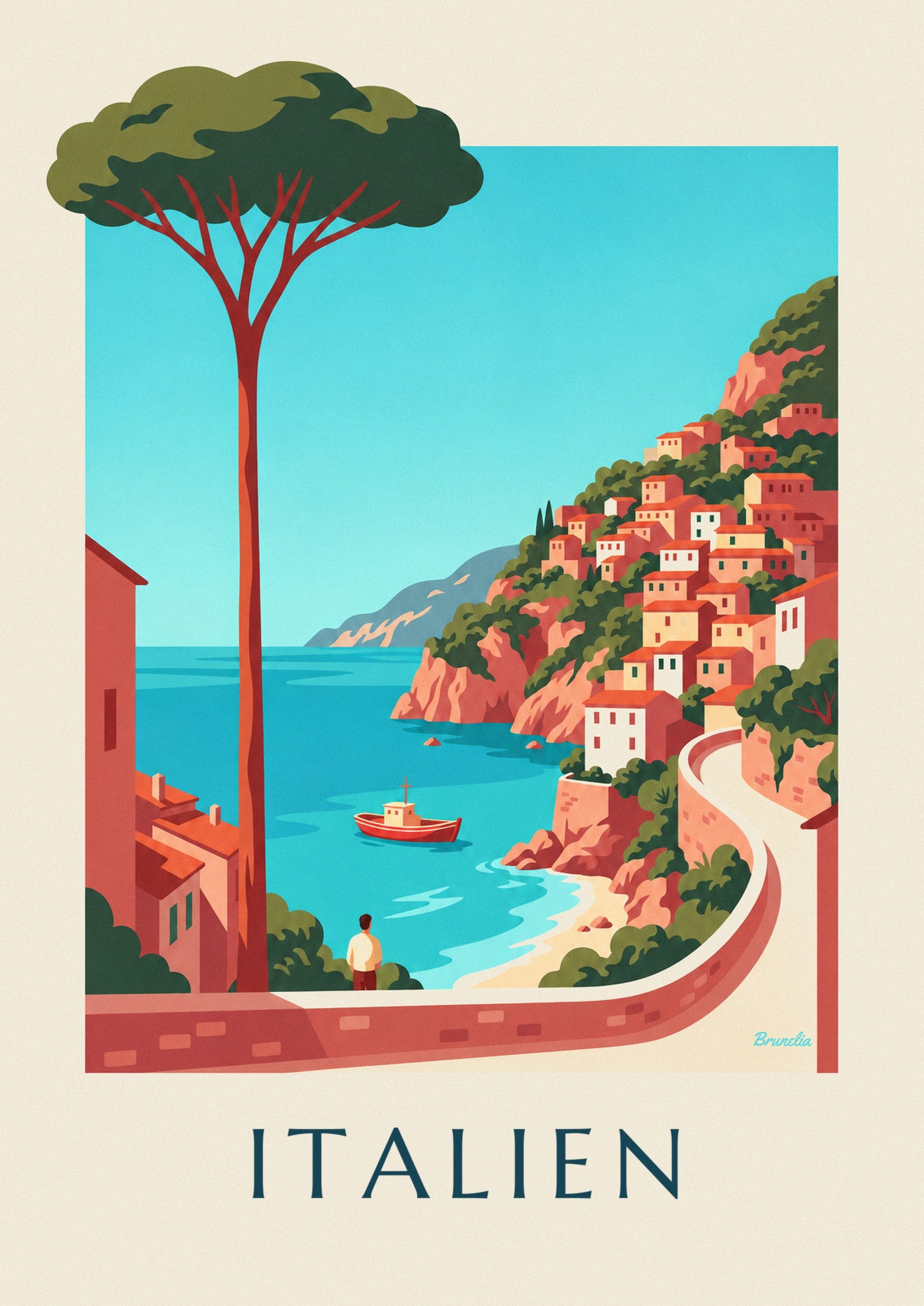 Plakat med italiensk kyst, pastelfarvede landsbyer på klipperne: nærbillede af detalje