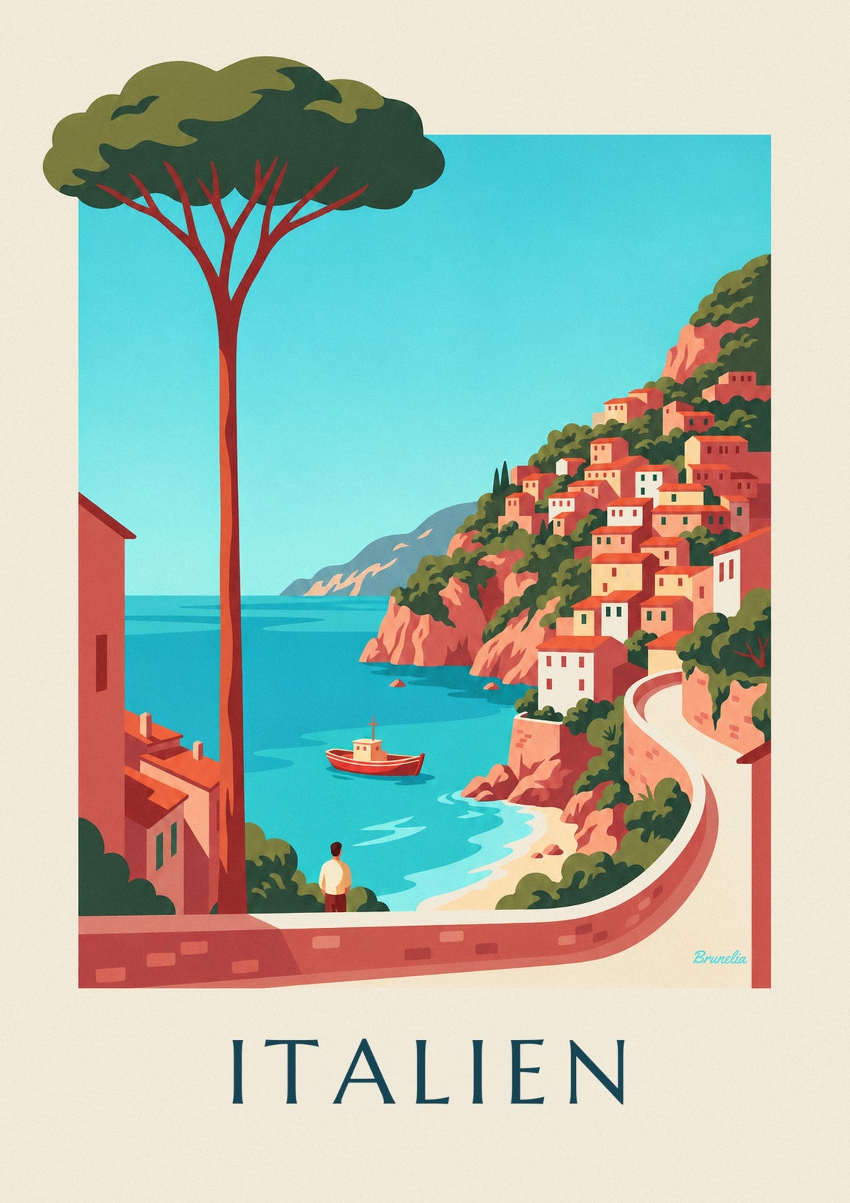 Plakat med italiensk kyst, pastelfarvede landsbyer på klipperne