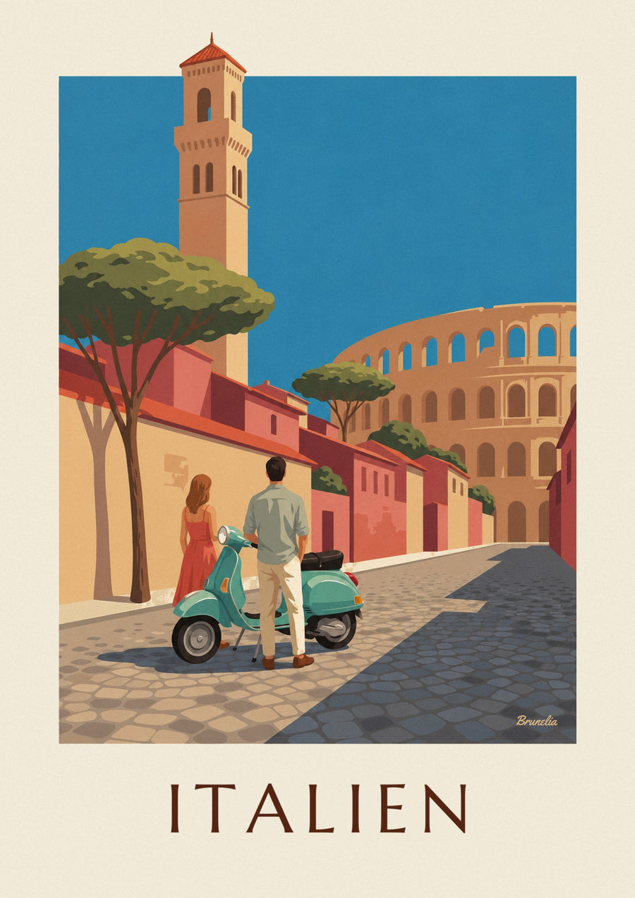 Plakat med par og havgrøn scooter foran Colosseum i Rom