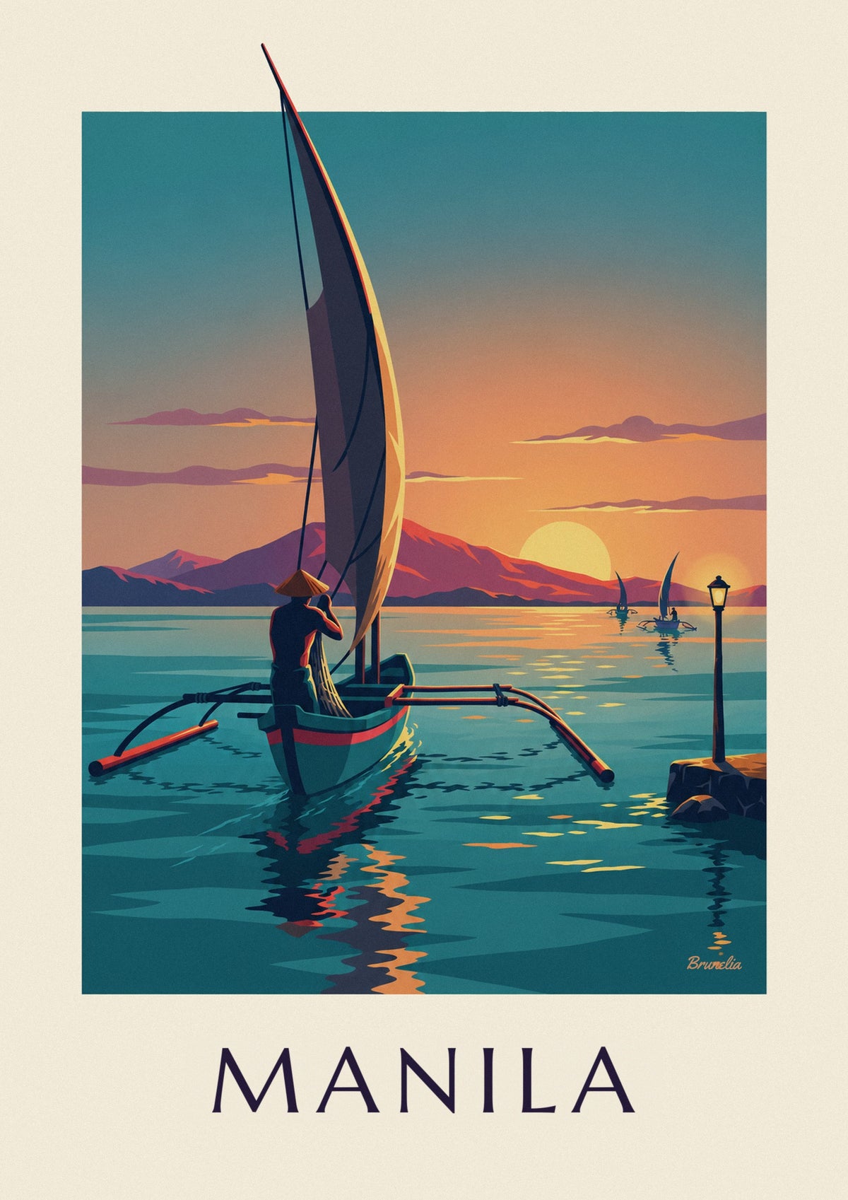 Plakat med bangka-båd i Manilabugten ved solnedgang