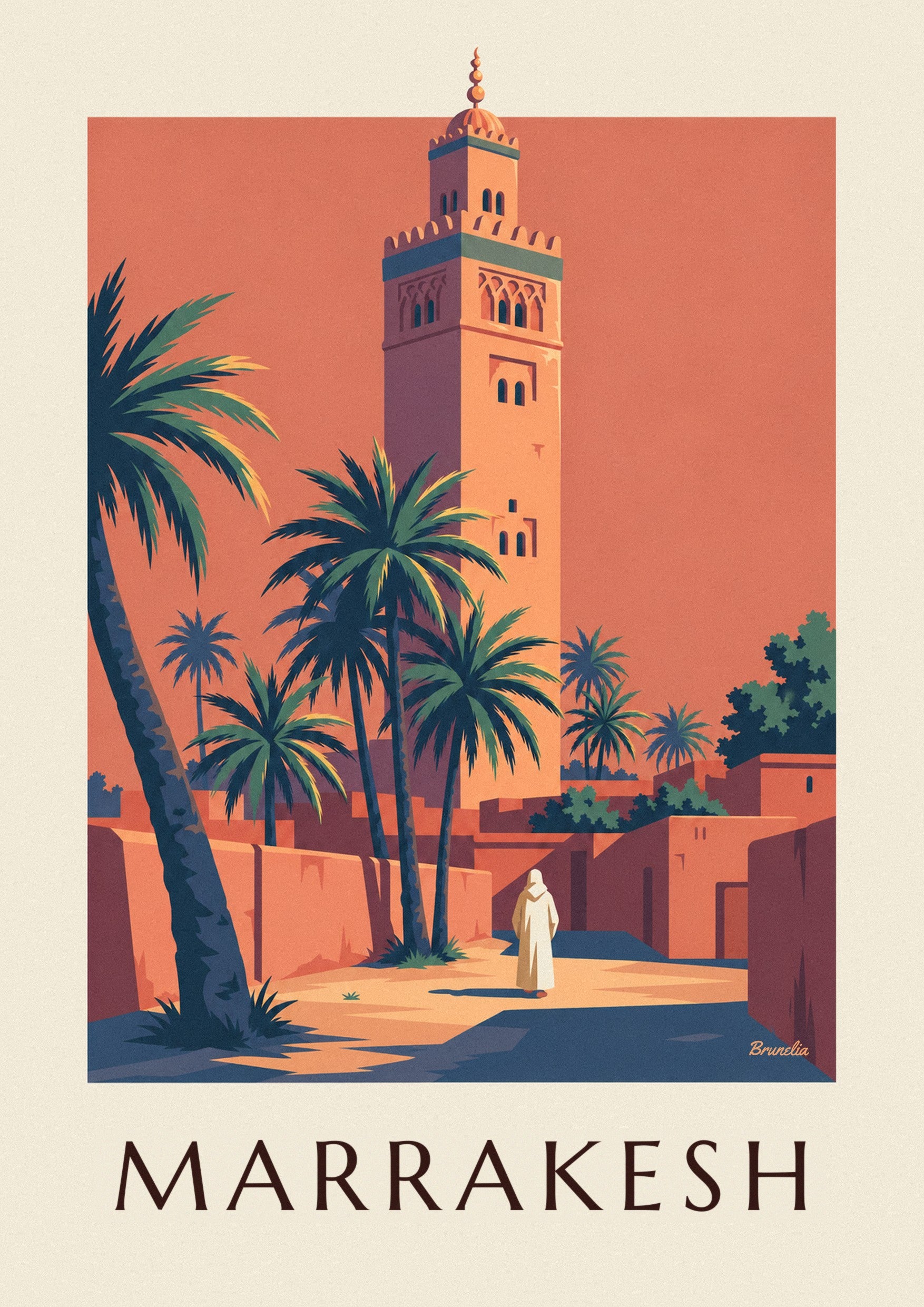 Plakat med Koutoubia-minaretten oplyst i skumringen i Marrakech: nærbillede af detalje