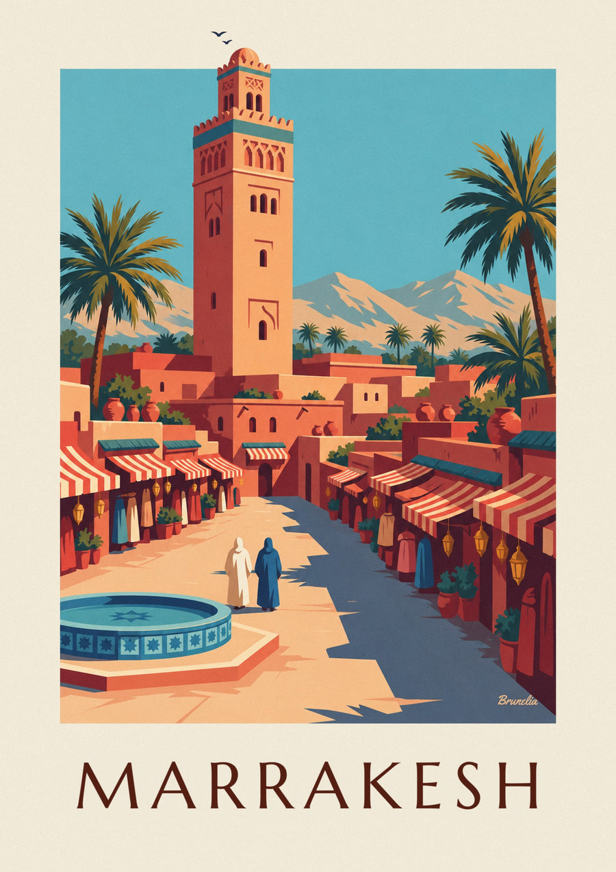 Plakat med Marrakechs medina og Koutoubia-minareten