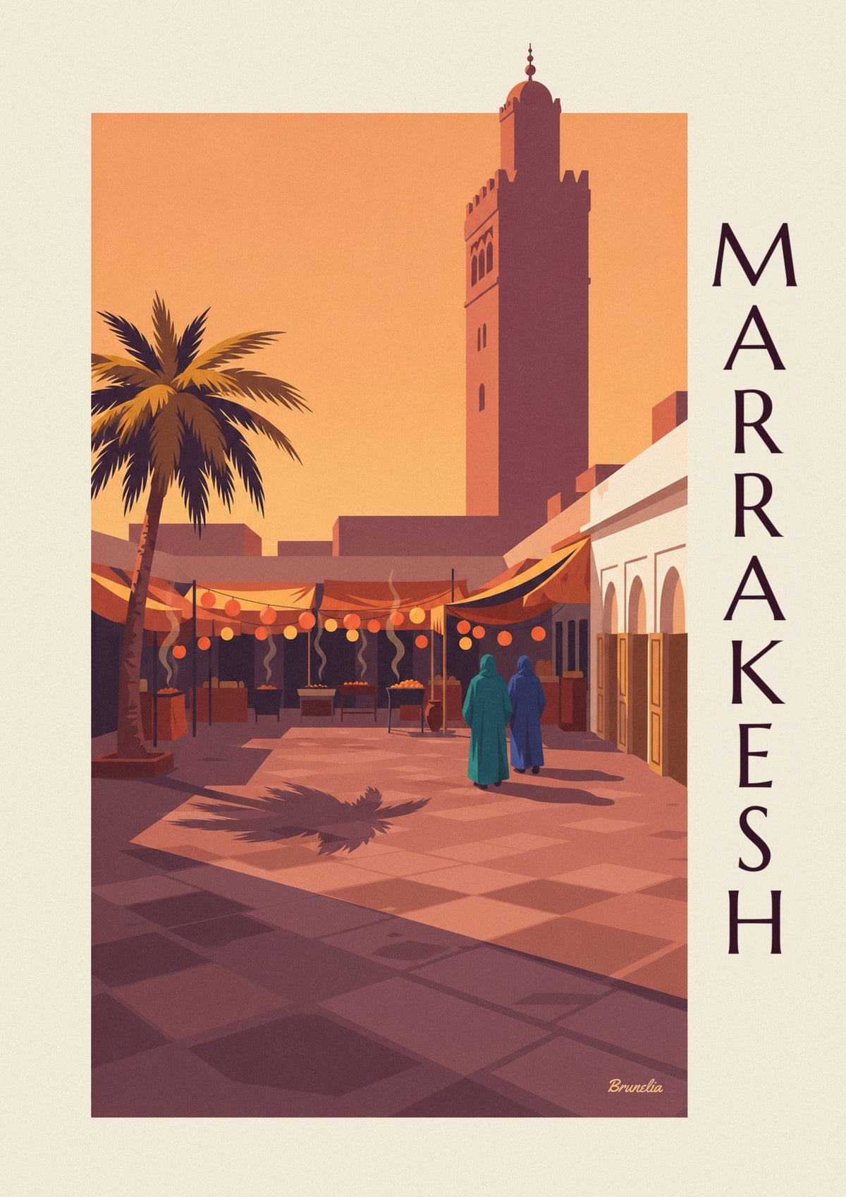 Plakat med Jemaa el-Fna-pladsen i Marrakech i skumringen