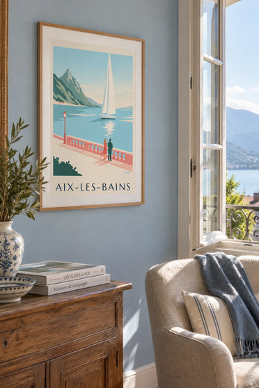 Poster of a sailboat on Lake Bourget in Aix-les-Bains: framed on the wall
