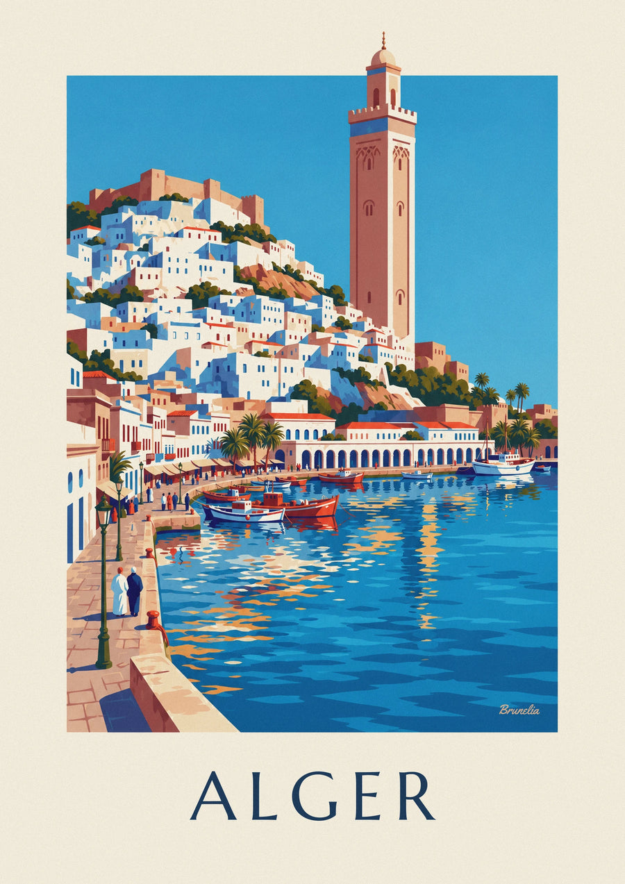 Plakat med Algiers hvide Casbah, der skråner ned mod Middelhavet