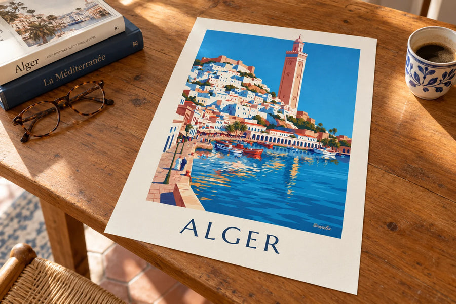 Plakat med Algiers hvide Casbah, der falder ned mod Middelhavet: stillet op på et bord