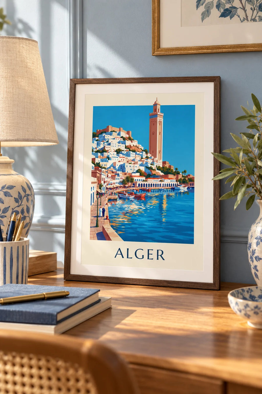 Plakat med Algiers hvide Casbah, der falder ned mod Middelhavet: lille A4-plakat i ramme