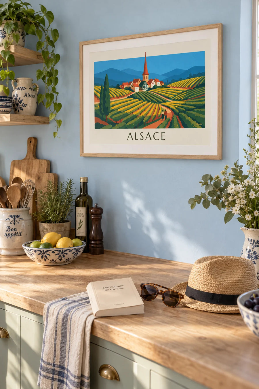 Wine route and terraced vineyards of Alsace poster: framed on the wall