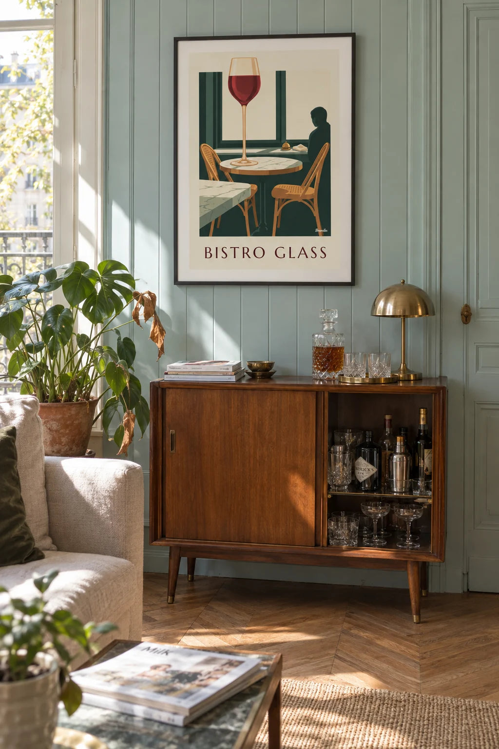 Poster of a glass of red wine on a Parisian bistro table: framed on the wall