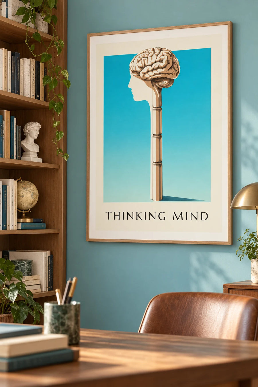 Plakat med anatomisk tavle af den menneskelige hjerne i profil: indrammet på væggen