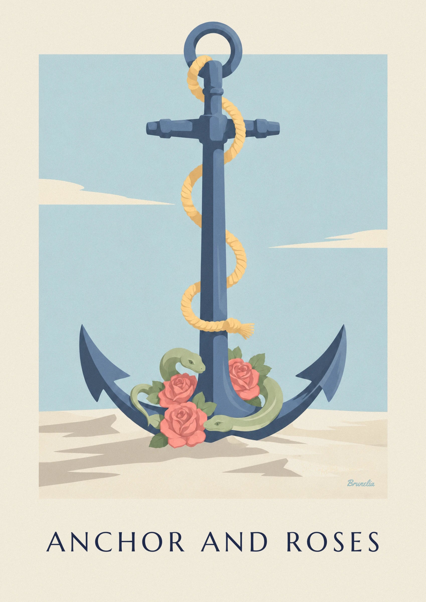 The 3 red roses and 2 green snakes coiled at the foot of the blue anchor on the sand