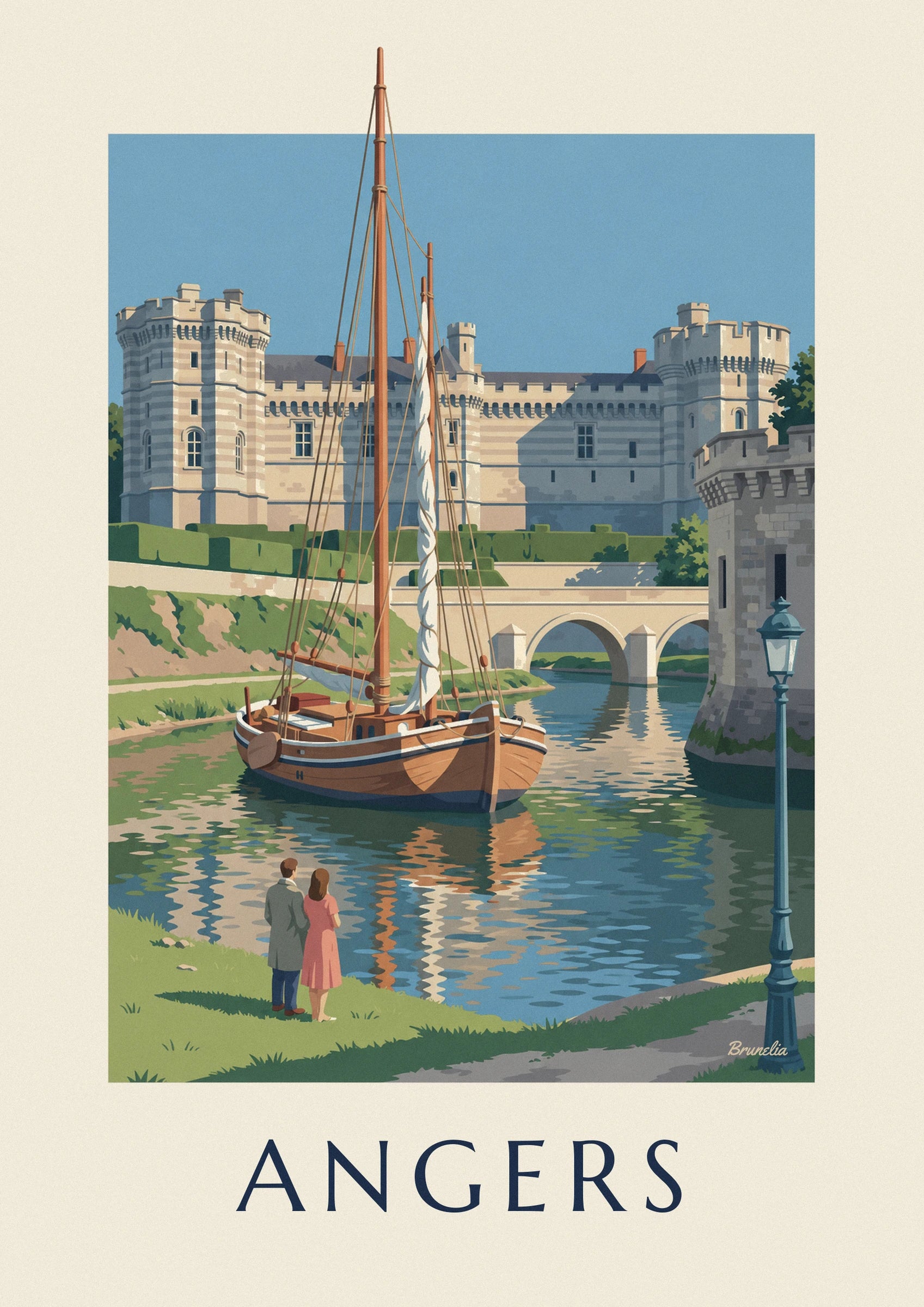 The stone bridge with 2 arches, the castle tower and its blue street lamp beside the water