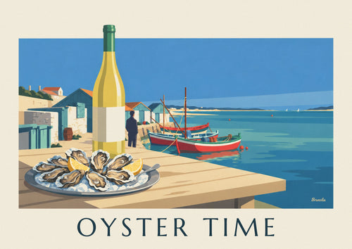 Plakat med østers og hvidvin fra Bassin d'Arcachon: hele plakaten