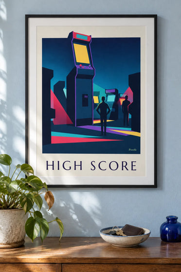 Poster of an arcade game room lit by neon lights: framed on the wall