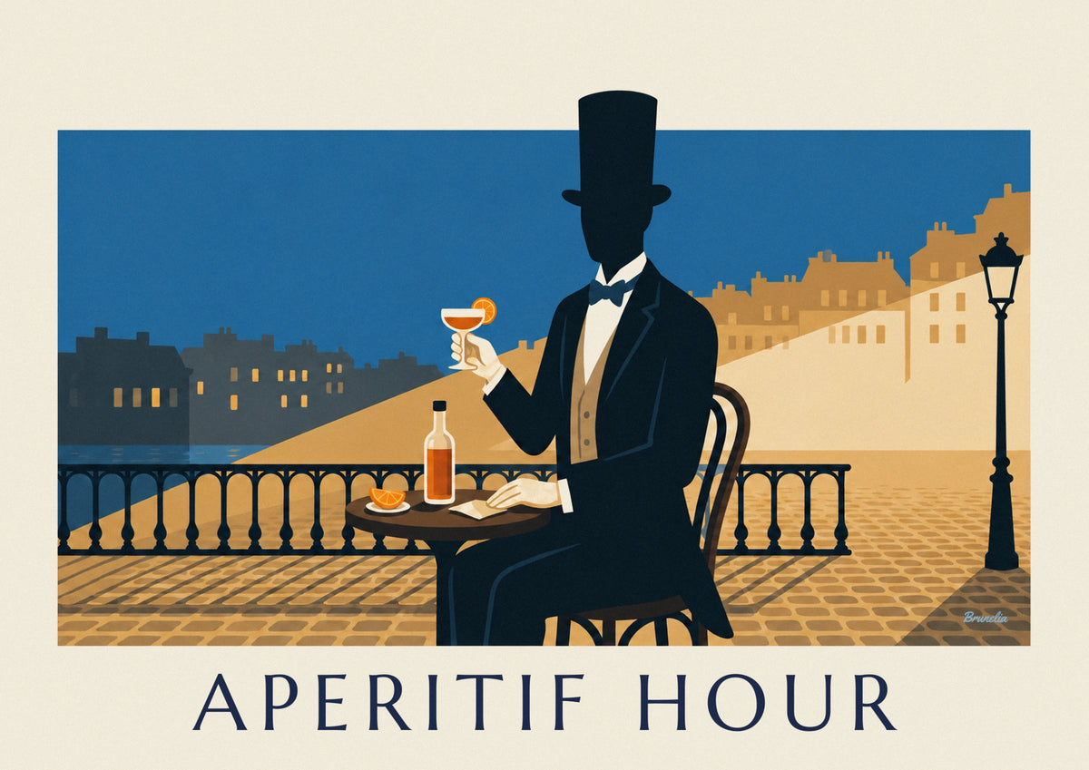 Affiche homme en haut-de-forme et son verre d'apéritif