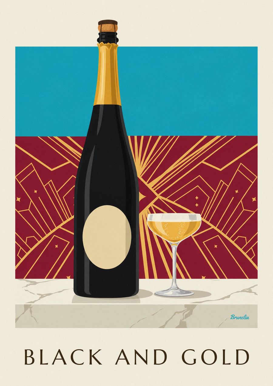 Plakat med brut champagneflaske i sort og guld