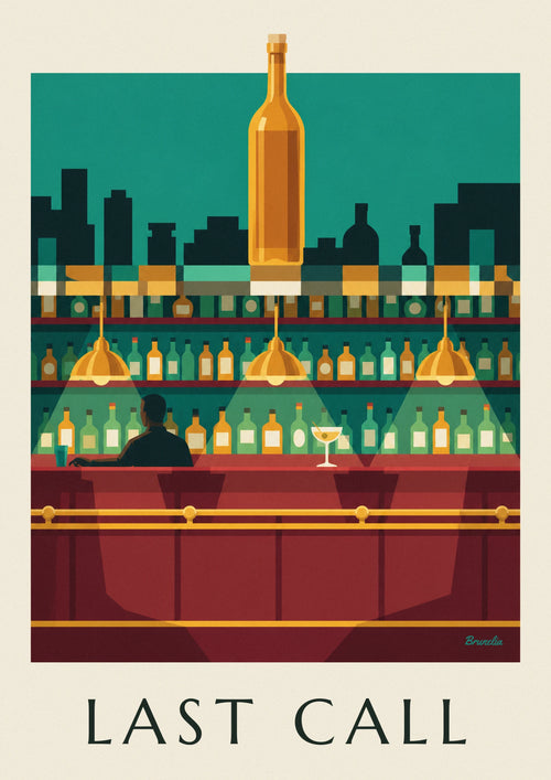 Affiche comptoir de bar et bouteilles alignées sous les lampes : l'affiche entière