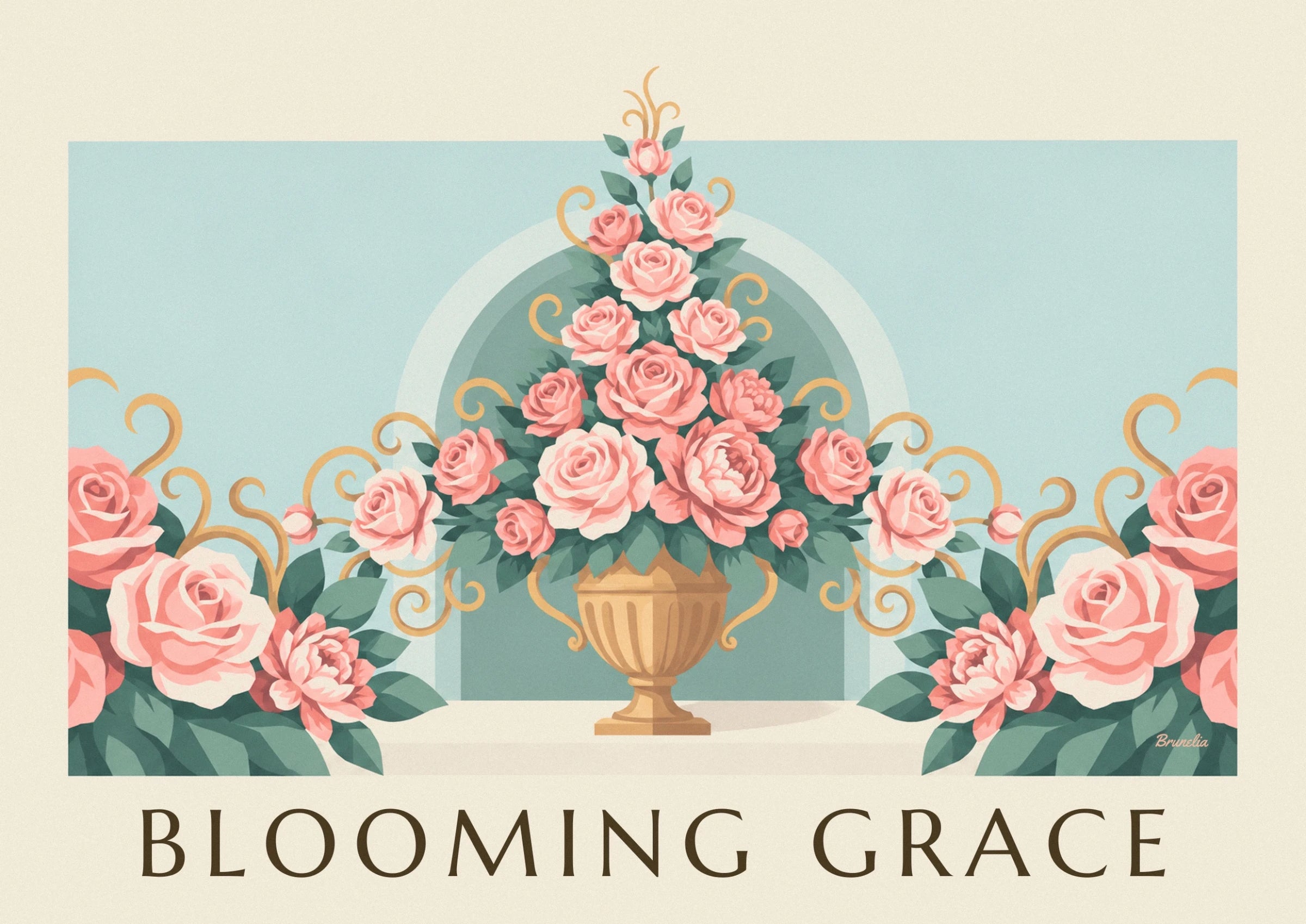 A spray of pink roses and peonies among green leaves and golden scrolls
