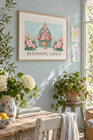 Poster of a floral arrangement of roses and peonies in an urn: framed on the wall