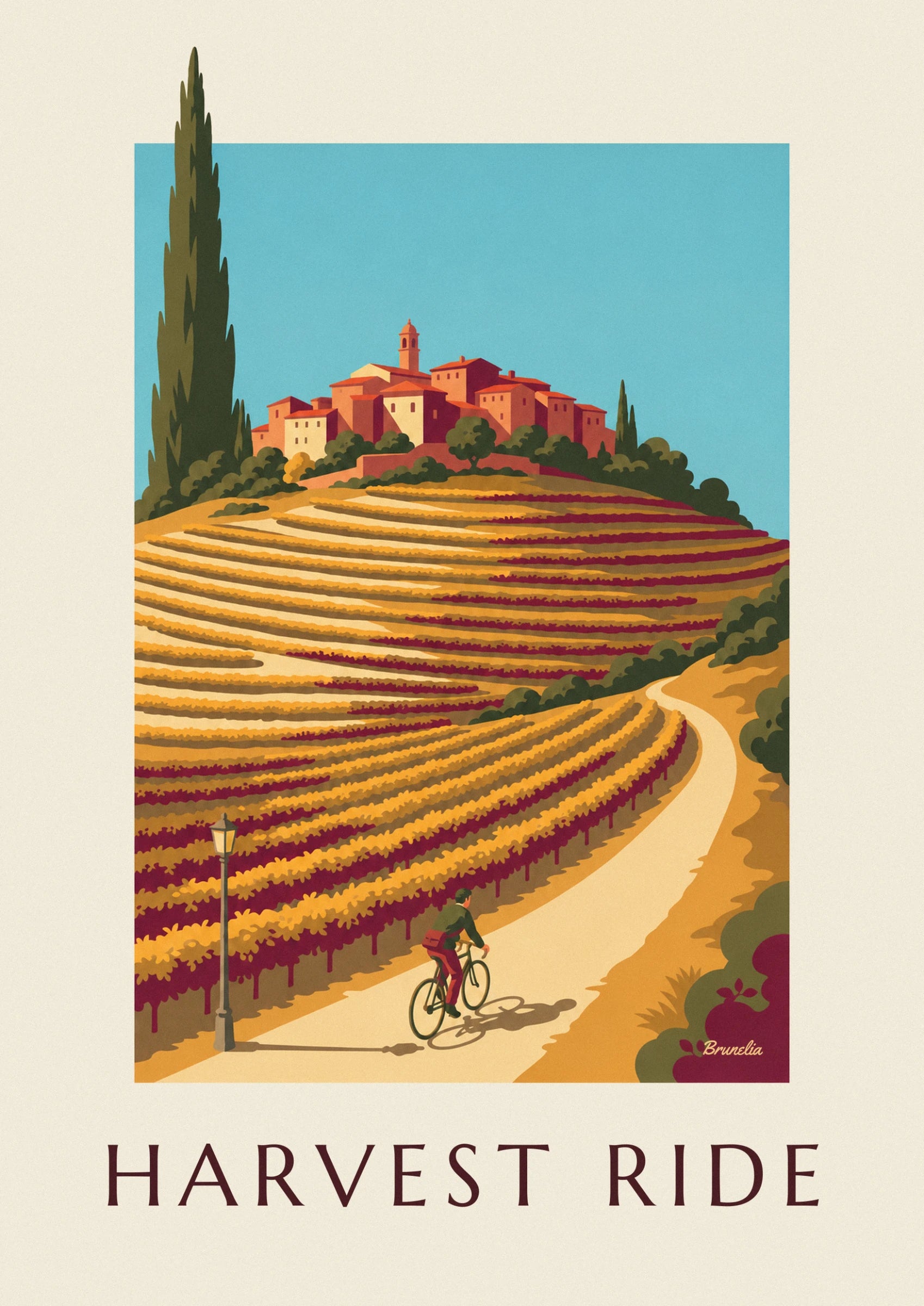 Le village aux toits de tuiles orange et son clocher, perché au-dessus des vignes dorées