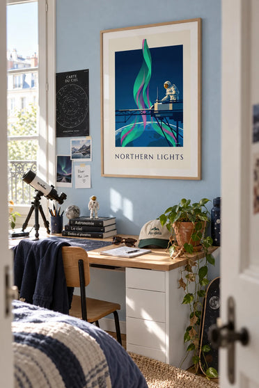 Poster of the northern lights seen from space by an astronaut: framed on the wall